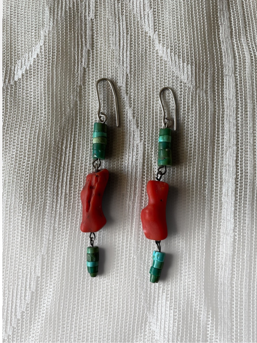Vintage Southwestern Turquoise Coral Dangle Earrings Sterling Silver